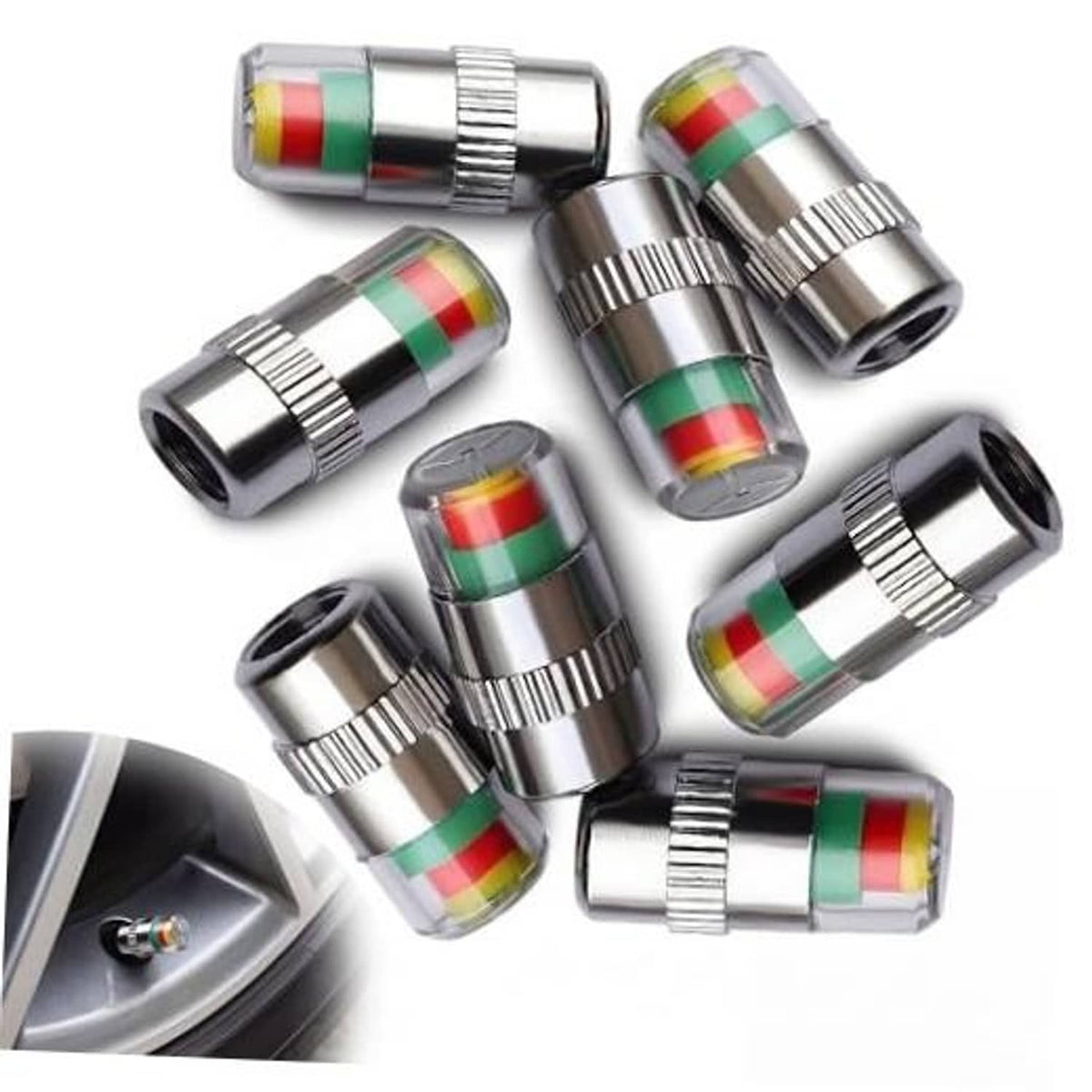 Set of car tire valve stem caps, silver metal with multicolor indicator bands