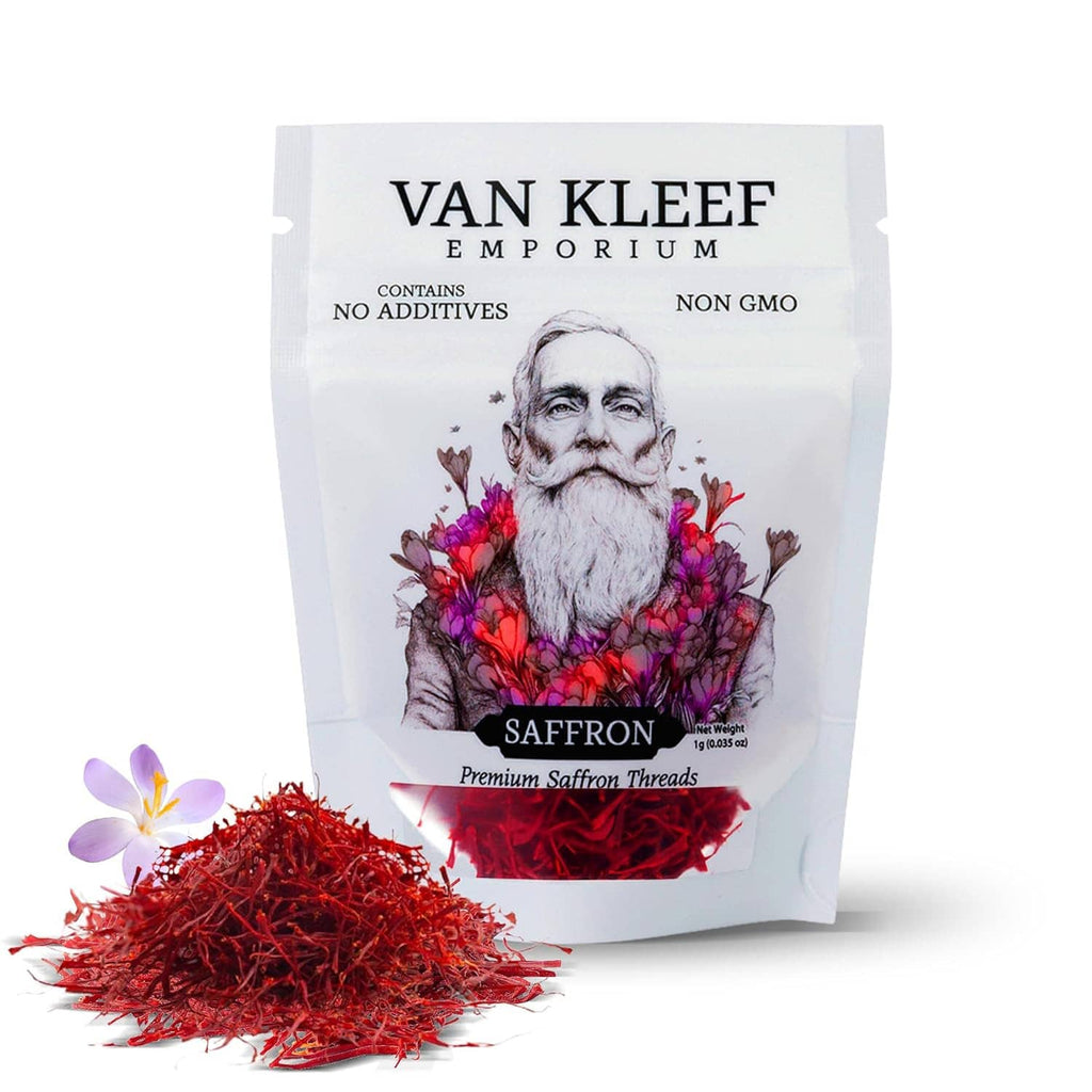 White saffron pouch with red saffron threads in the foreground