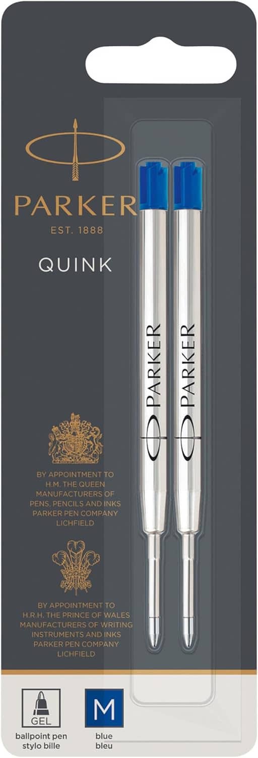 Parker Quink gel pen refills in blister, blue ink, retractable rollerball, medium