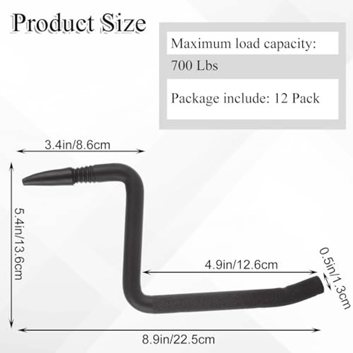 Black L-shaped screw-in tree step with pointed screw tip and curved knurled foot