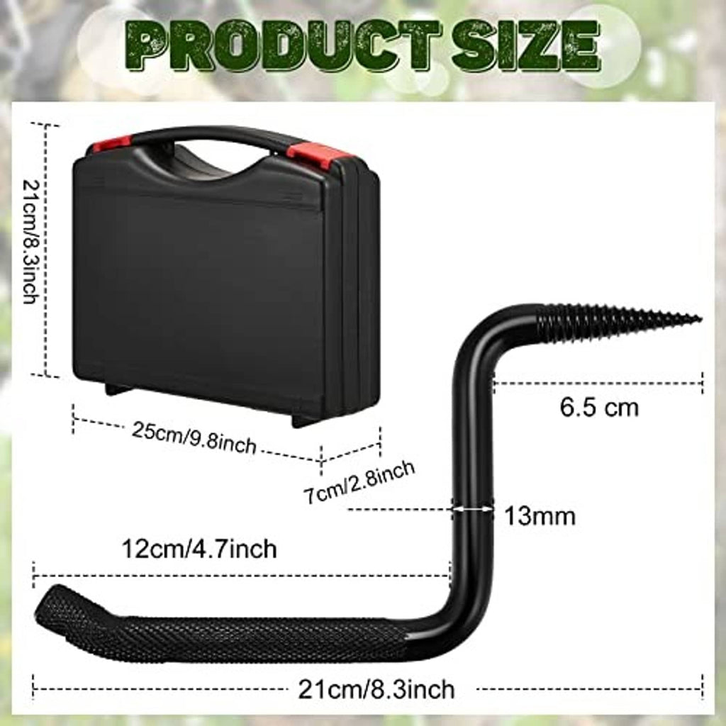 Black tool box with screw-in tree step hook and size measurement diagram