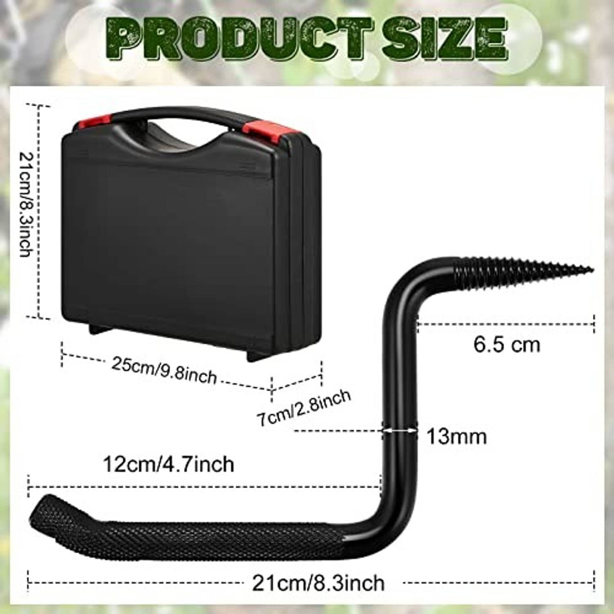 Black tool box with screw-in tree step hook and size measurement diagram