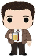 Funko Pop! TV Cheers collectible figure in brown suit, holding yellow clipboard, curly hair