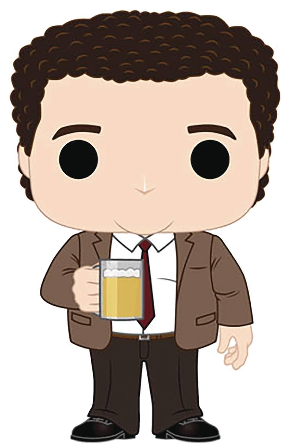Funko Pop! TV Cheers collectible figure in brown suit, holding yellow clipboard, curly hair