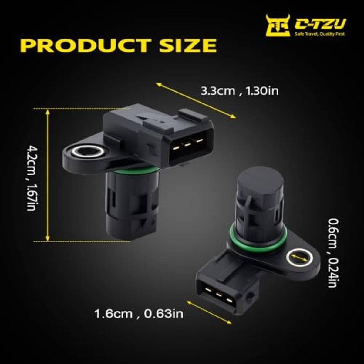 Camshaft position sensor set with black housing, green O-ring, and 3-pin connector