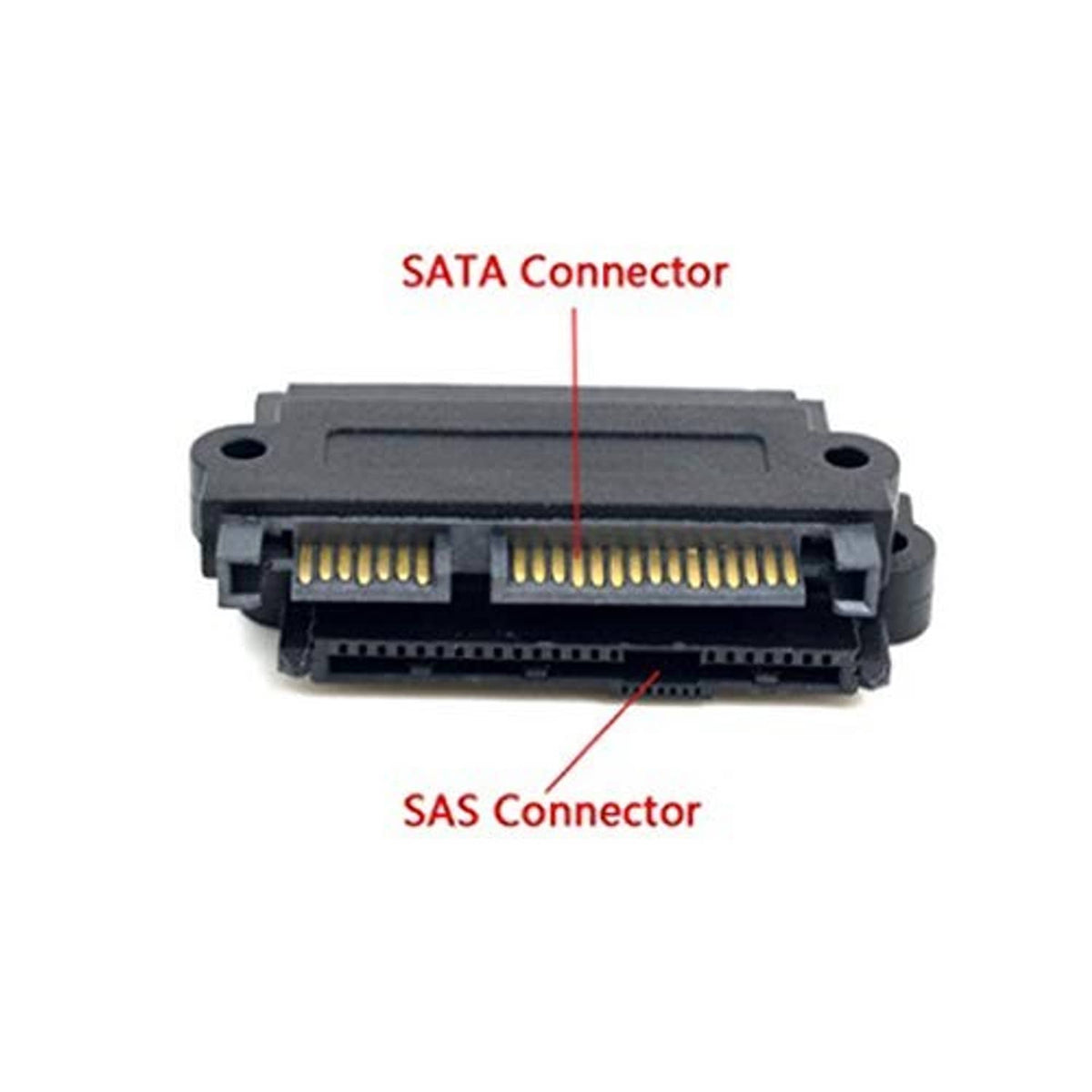 SAS to SATA adapter pair, showing stacked connectors with gold pin rows