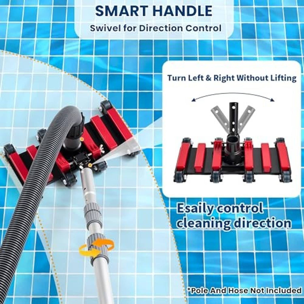 Pool vacuum head with swivel direction control, red brush bars and wheeled base