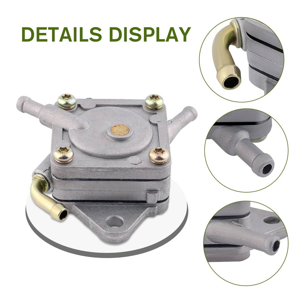 Fuel pump details with inlet and outlet tubes, mounting screws, and close-up callouts