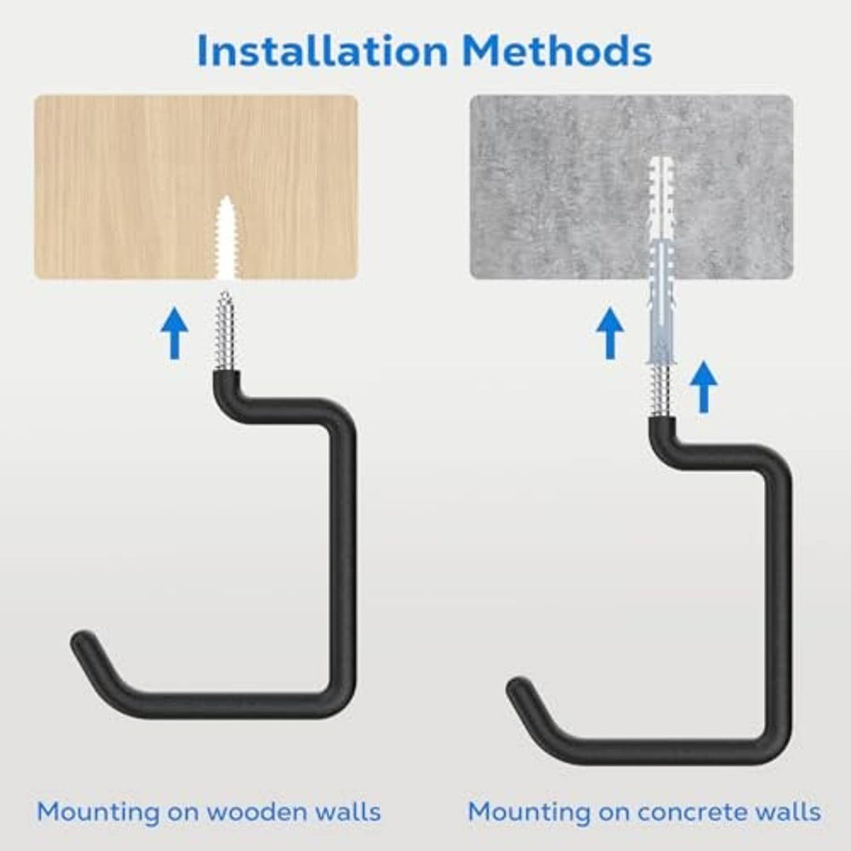 Screw-in bike hook installation shown for wooden and concrete walls