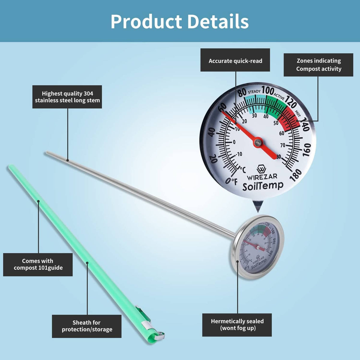 5-inch stainless soil thermometer with sealed dial and protective sheathed probe