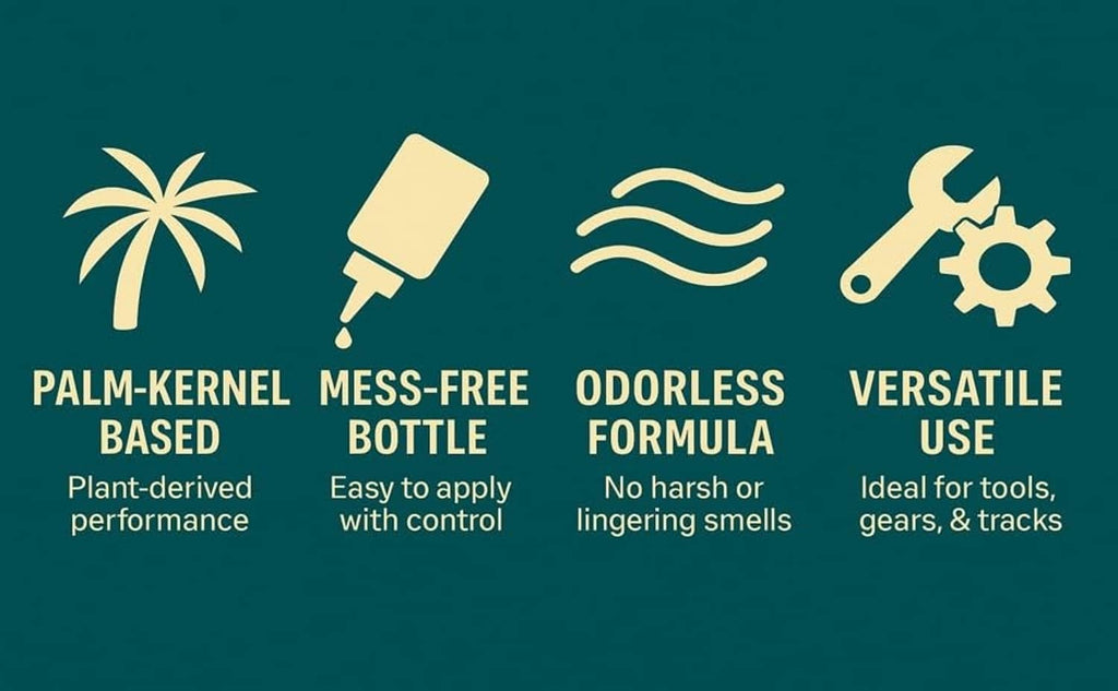 Natural odorless oil bottle with palm-kernel and mess-free application icons