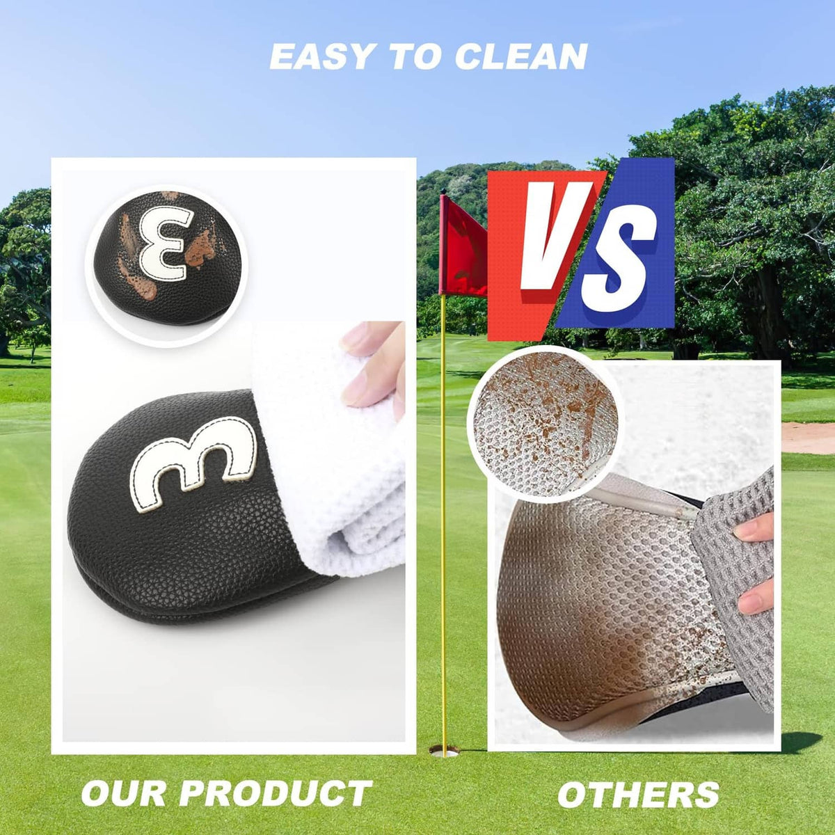 Black hybrid headcover with textured PU surface and white logo panel during cleaning