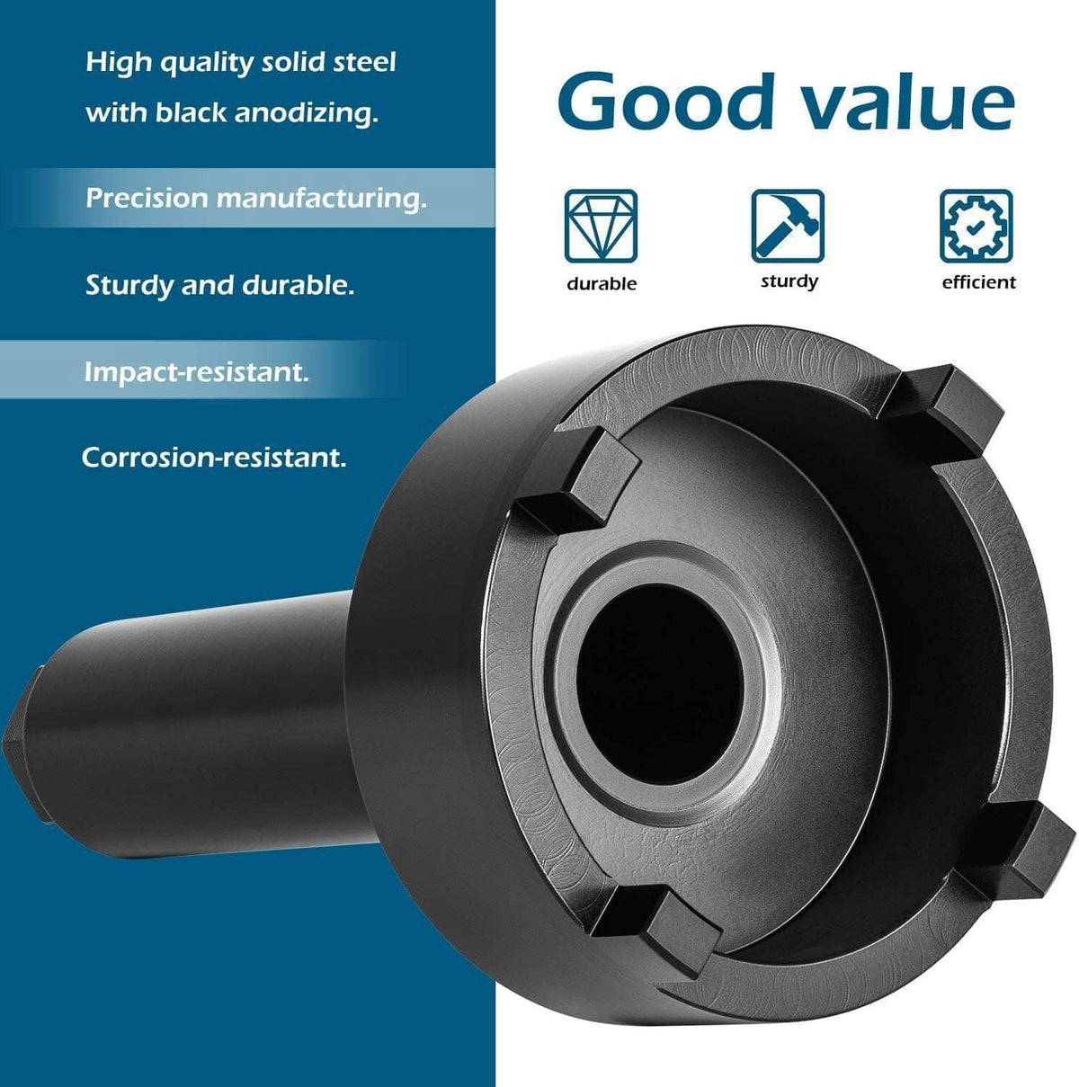 Black bearing carrier retainer wrench tool with wide slotted socket head and long body