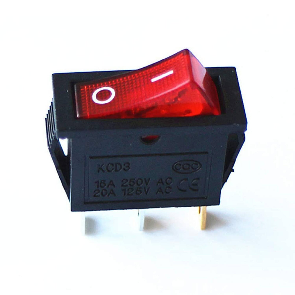 Red illuminated on-off SPST rocker switch with “O” marking and 3-pin terminals
