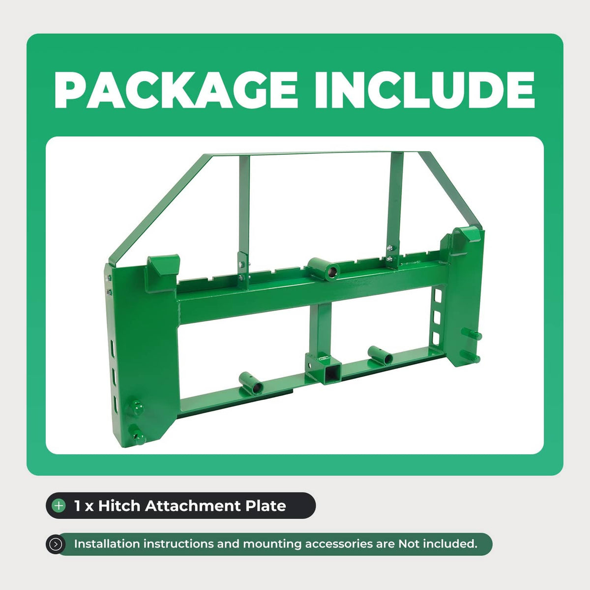 Green pallet fork frame package contents showing hitch attachment plate and frame