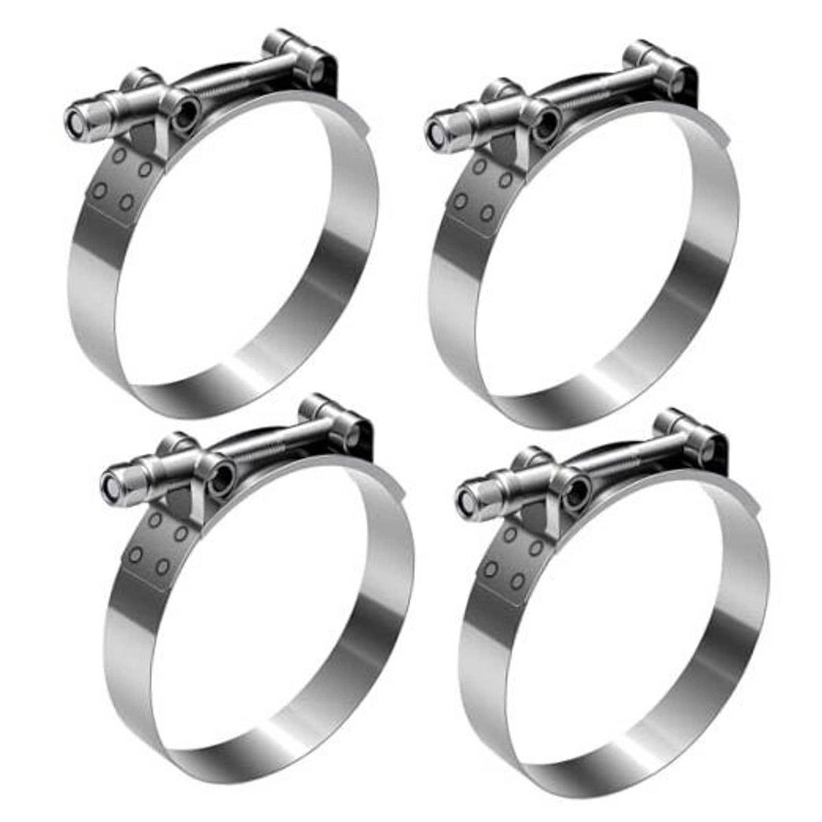 Set of four T-bolt hose clamps, 304 stainless steel, round band with bolt and nut