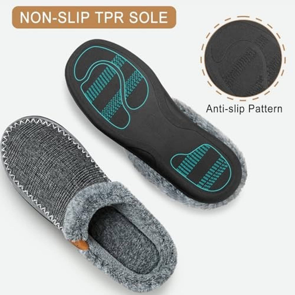 Grey slip-on moccasin slippers showing non-slip outsole tread and fuzzy lined collar