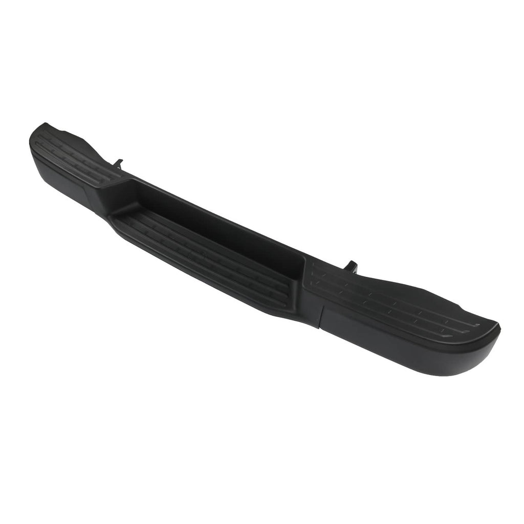 Black rear step bumper pad with treaded step surface and side mounting tabs