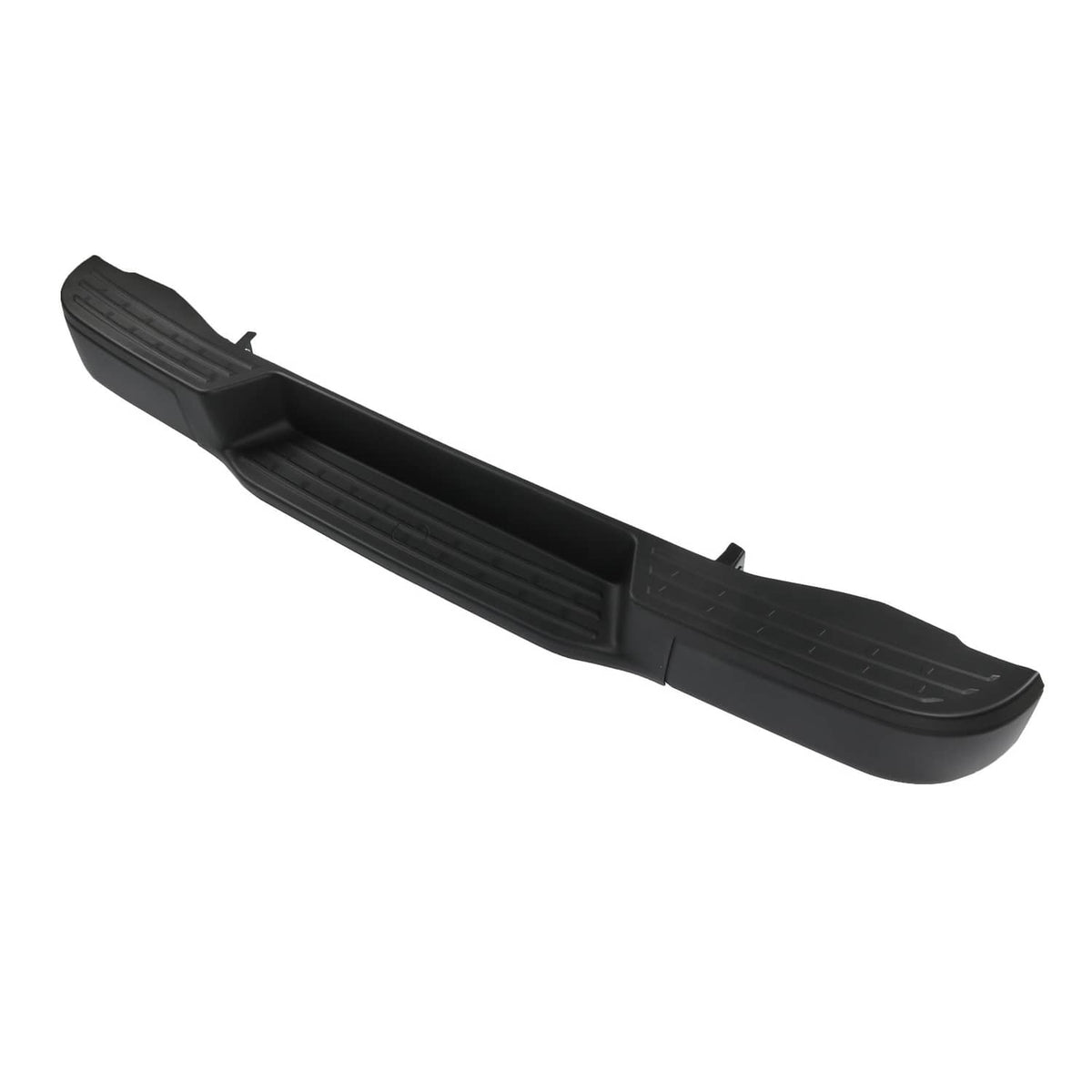 Black rear step bumper pad with treaded step surface and side mounting tabs