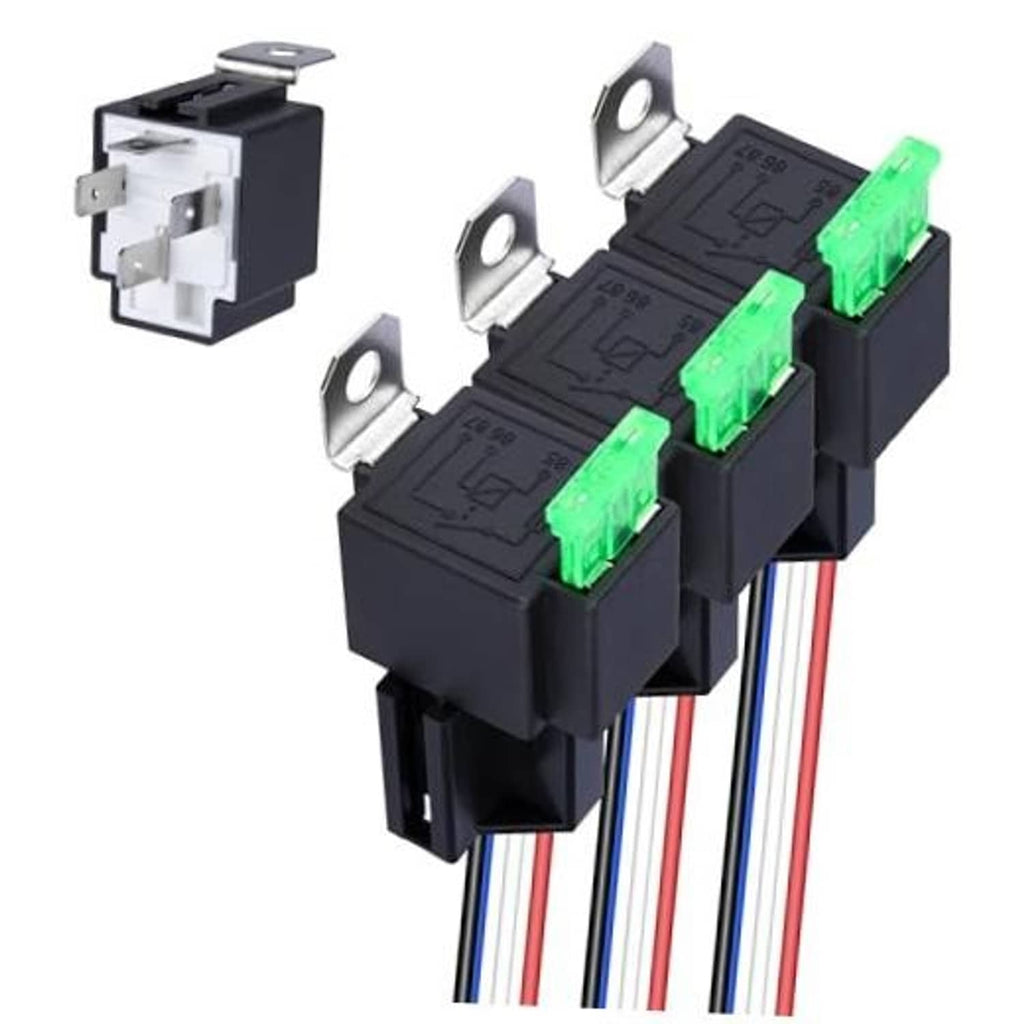 4-pin 12V relay switch harness set with three black relays and green terminals, wiring leads