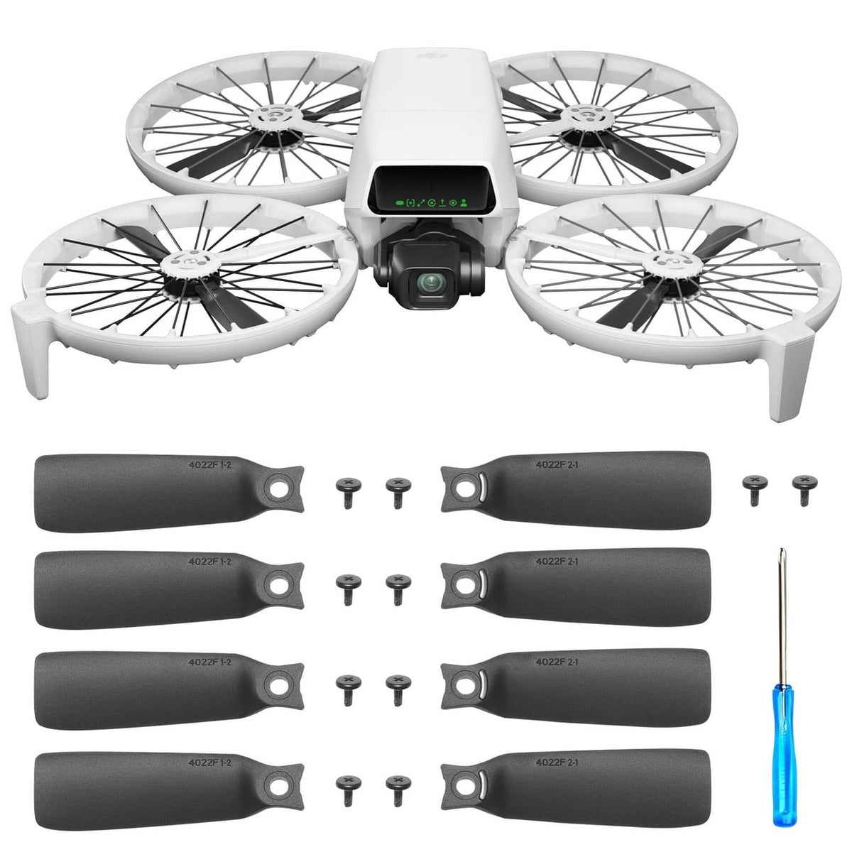DJI Flip propeller replacement blade set, with 8 dark blades and mounting screws