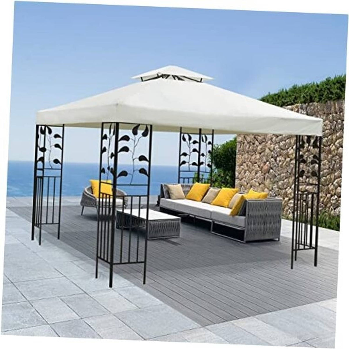 Off-white gazebo canopy top with peaked roof and sheer side panels
