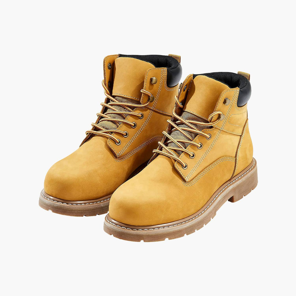 Pair of yellow lace-up steel toe work boots with black collar and brown welt sole