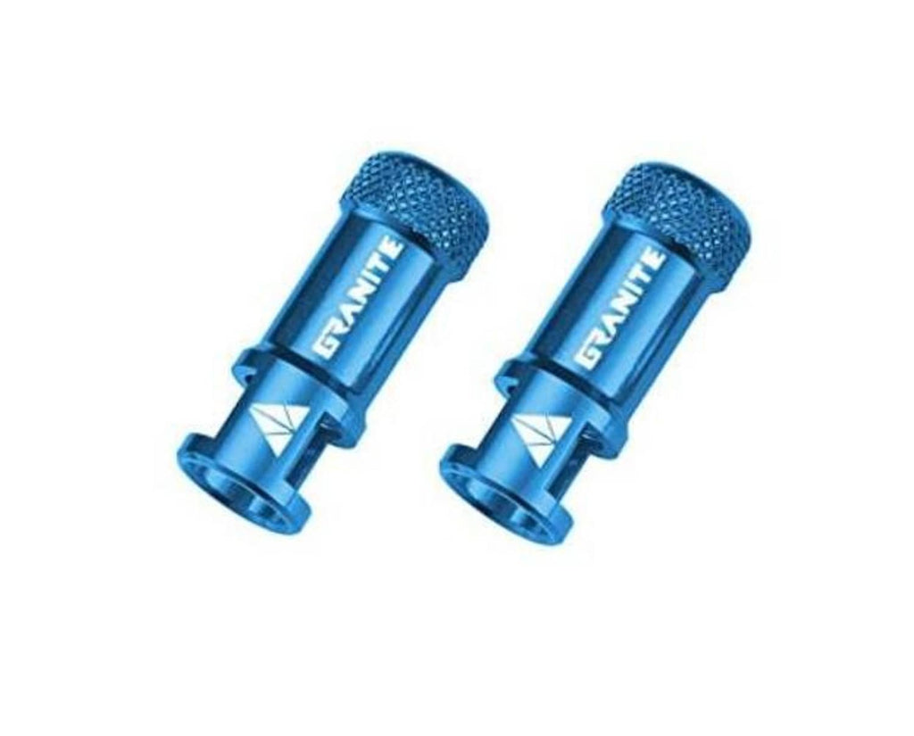 Blue valve core remover caps with textured knurled top, shown as a pair.