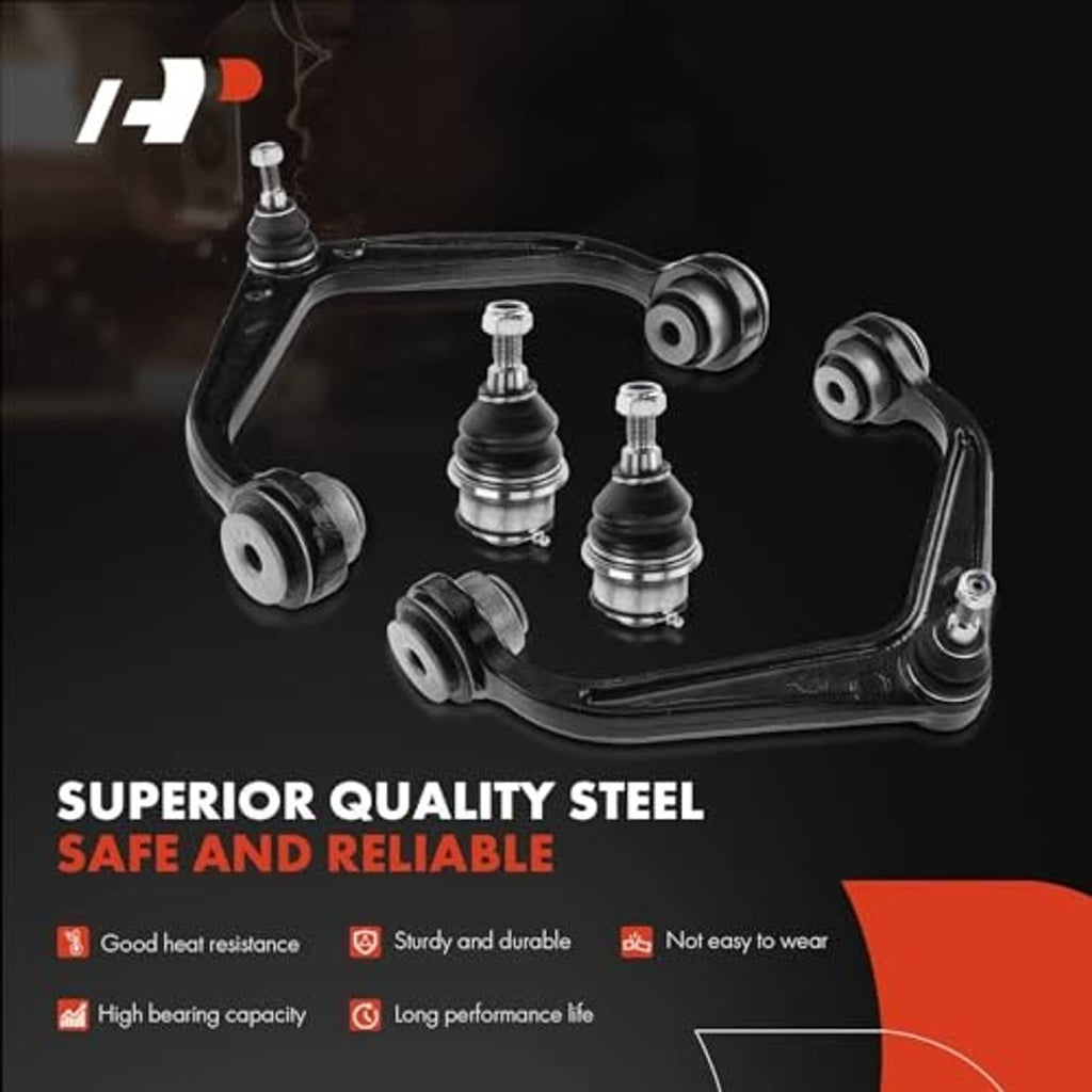 Black front suspension control arm and ball joint kit set with multiple steel linkages