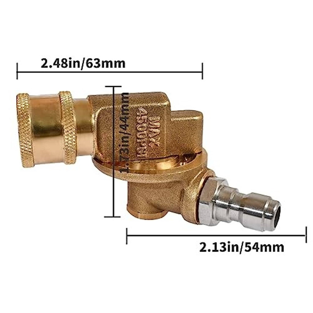 Brass pressure washer nozzle with overall size measurements 2.48 in and 2.13 in