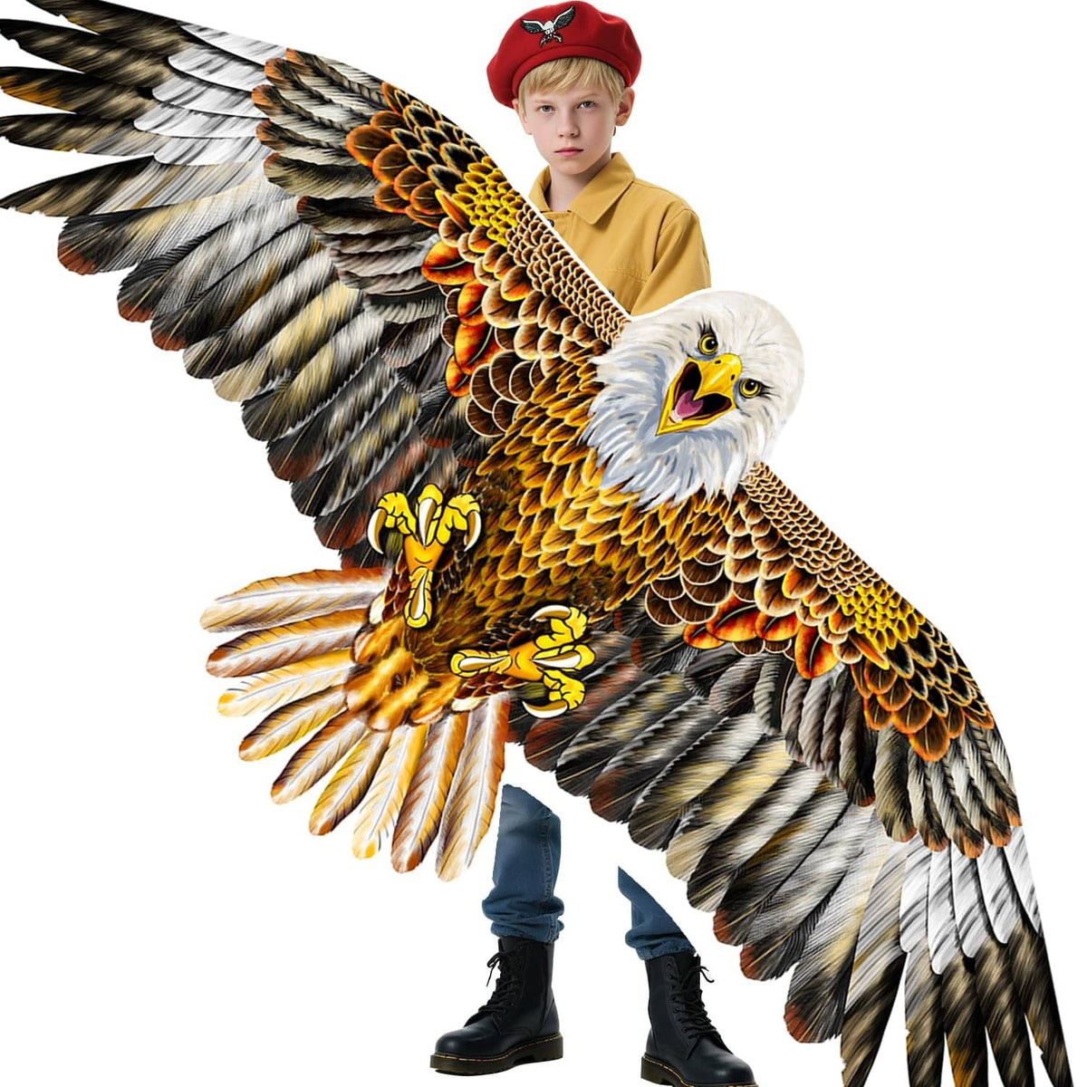 Brown and white eagle kite with orange chest, held by a child while flying