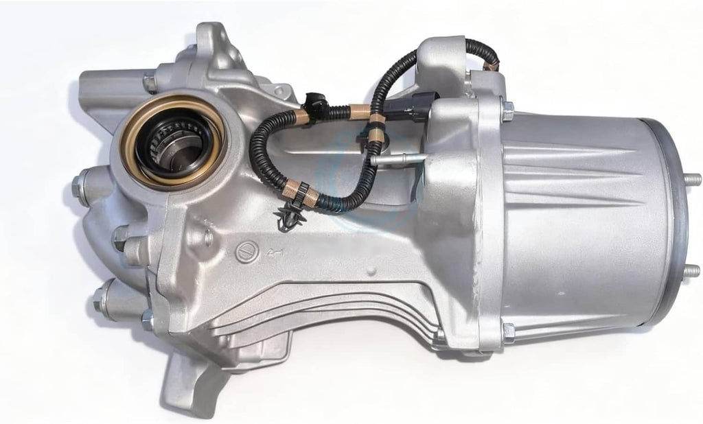 Silver rear axle differential carrier assembly with mounted housing and wiring harness