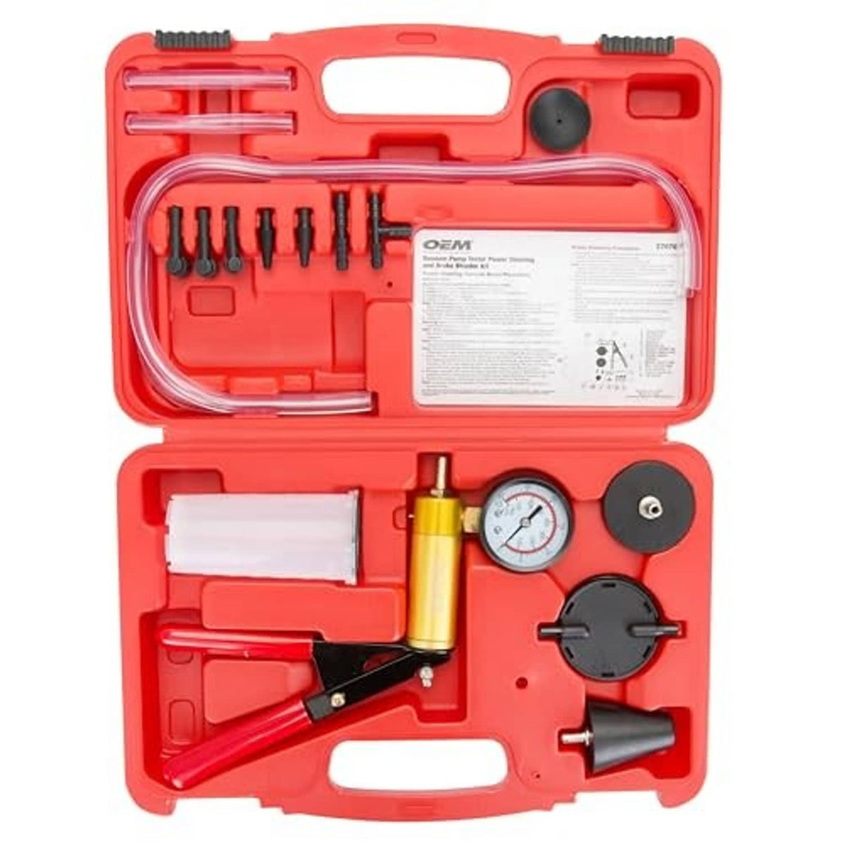 Brake bleeder vacuum pump tester kit in red case with gauge, hoses, and adapters