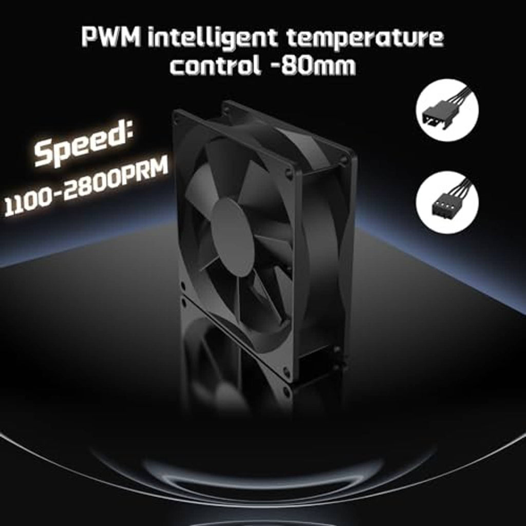 Black 80mm PWM cooling fan with four blades for PC case ventilation