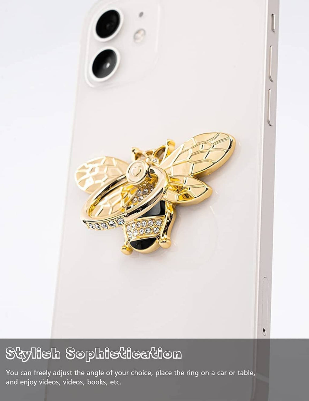 Gold bee phone ring holder on white phone back, crystal heart center