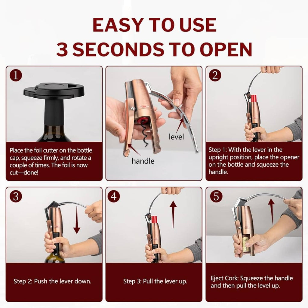 Copper vertical lever wine opener showing handle and cork release action