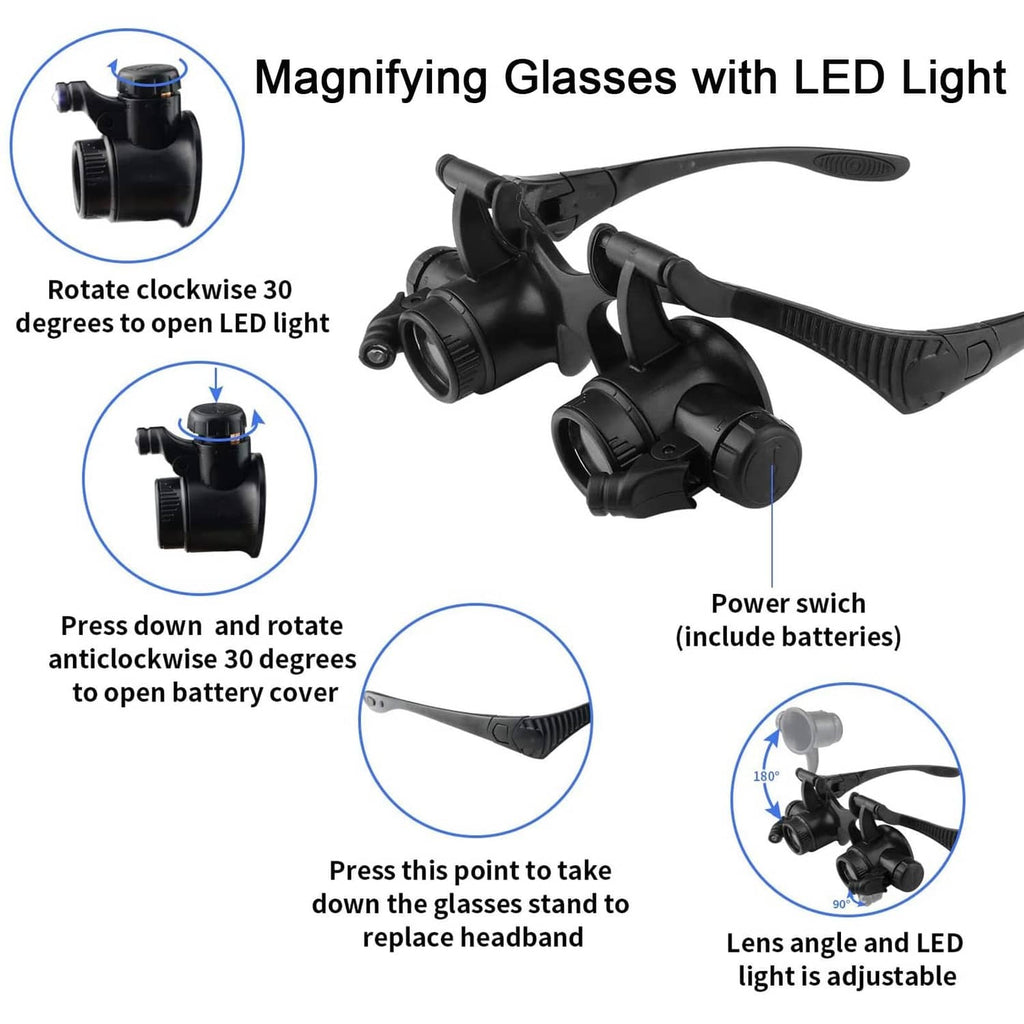 Black LED magnifying glasses with rotating LED light and power switch