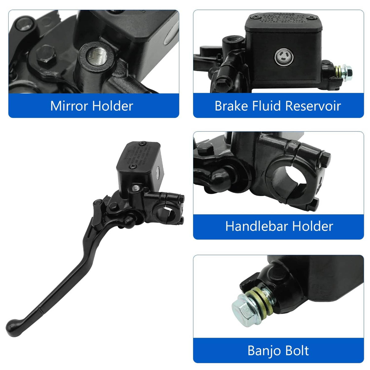 Brake master cylinder details: black reservoir, handlebar and banjo bolt