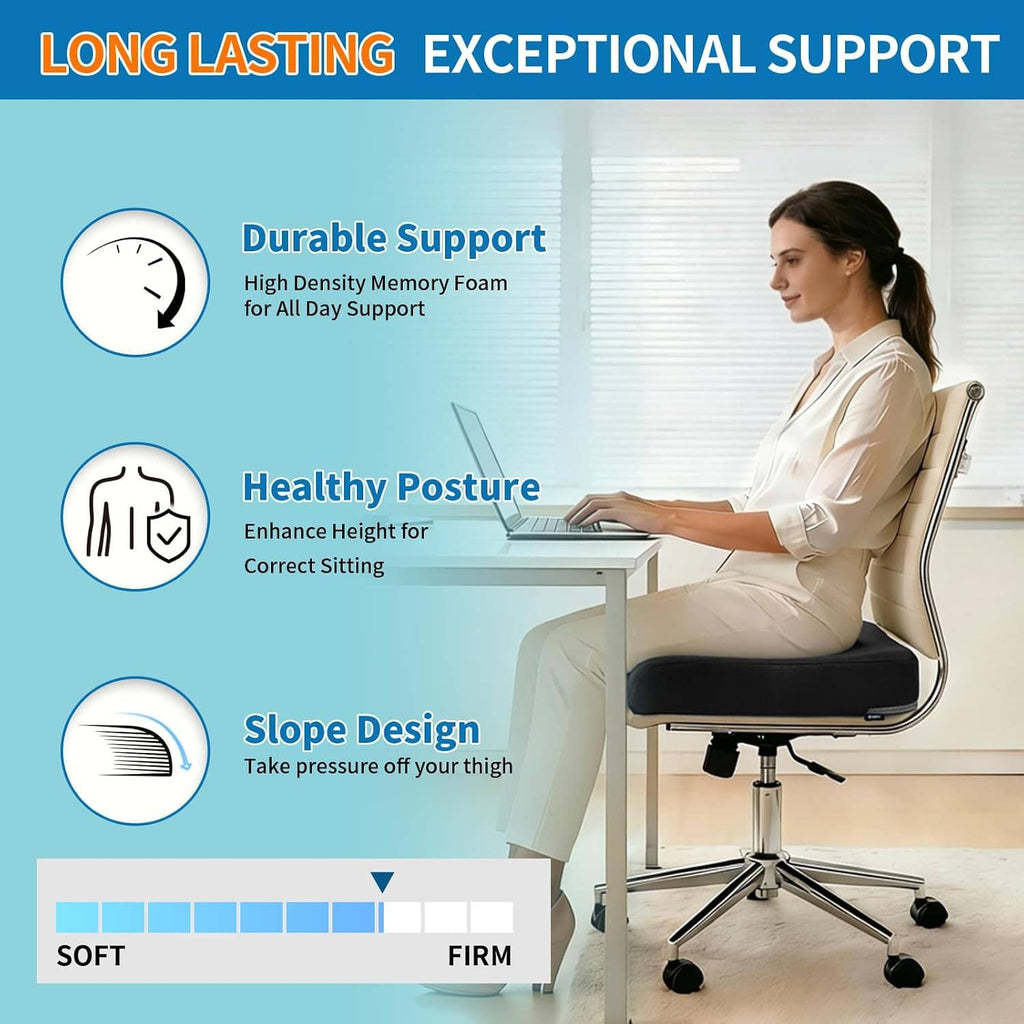 Black gel memory foam seat cushion placed on an office chair for added support.
