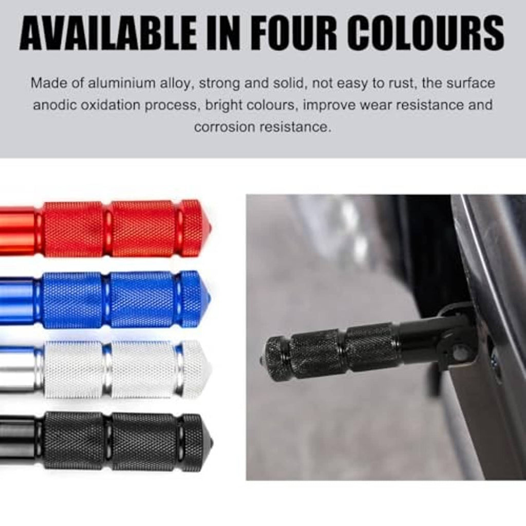 Black foldable foot pegs with textured grips and mounting bases, front and side views