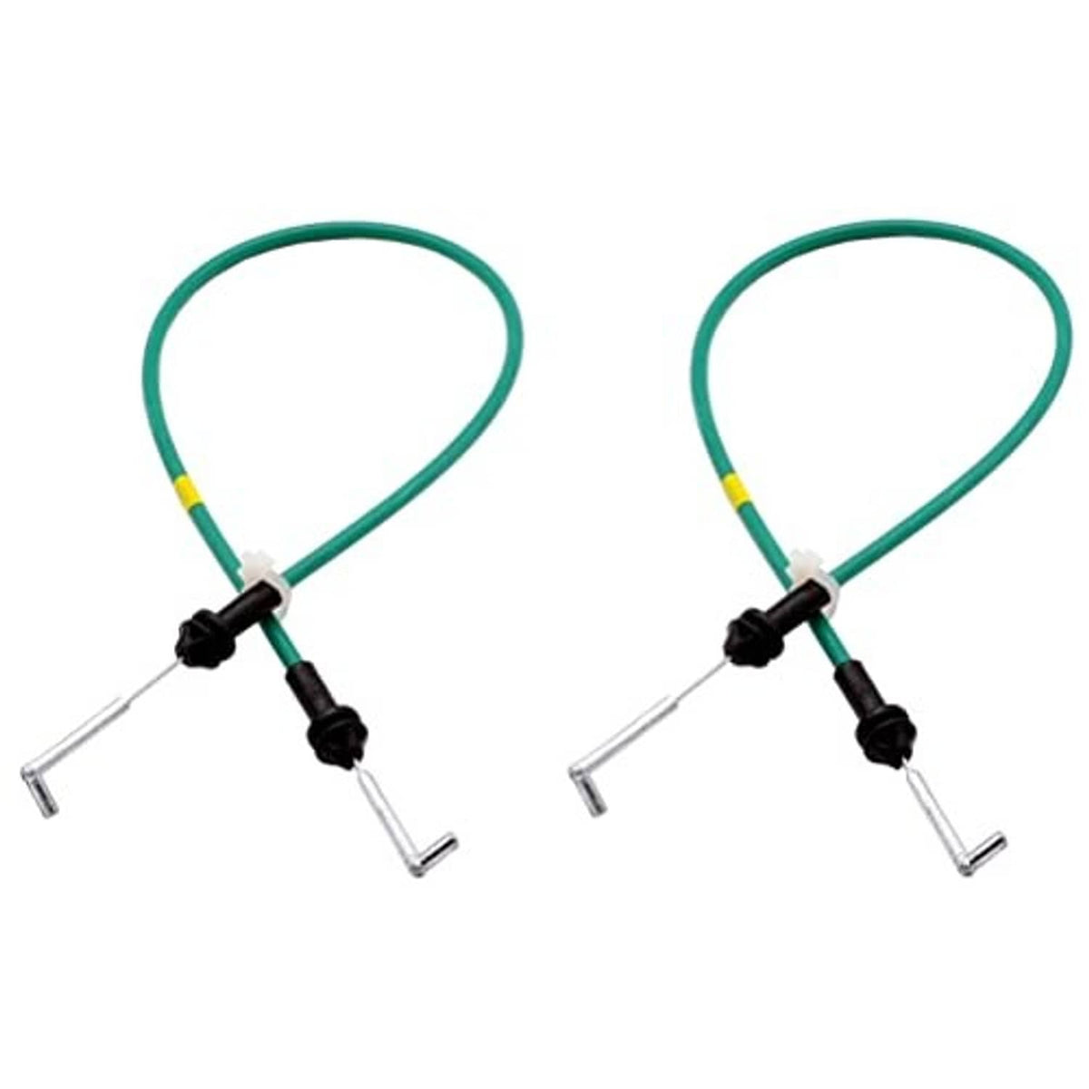Pair of door handle cables, green loops with black housings and silver pull rods