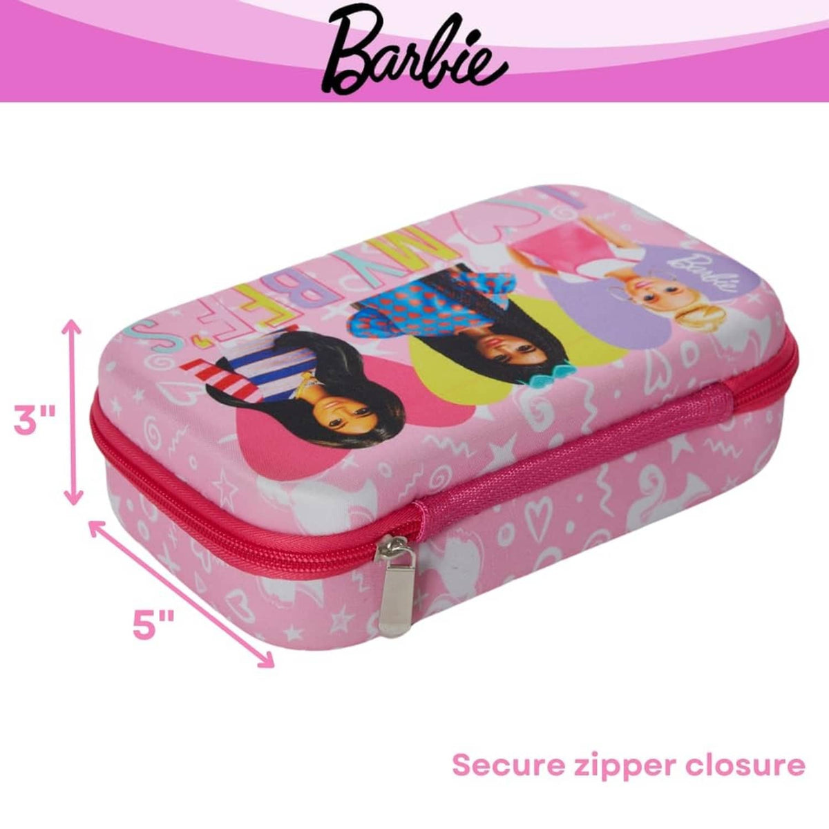 Pink and multicolor printed Barbie-style pencil case with red zipper on top