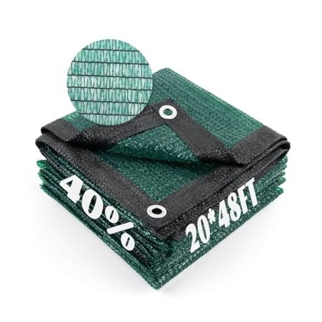 Folded dark green mesh shade tarp with metal grommets and 40% marking band.