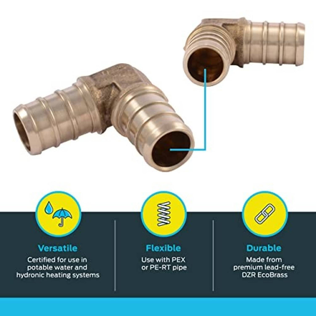 Brass PEX crimp elbow fitting with ribbed ends and visible junction between ports