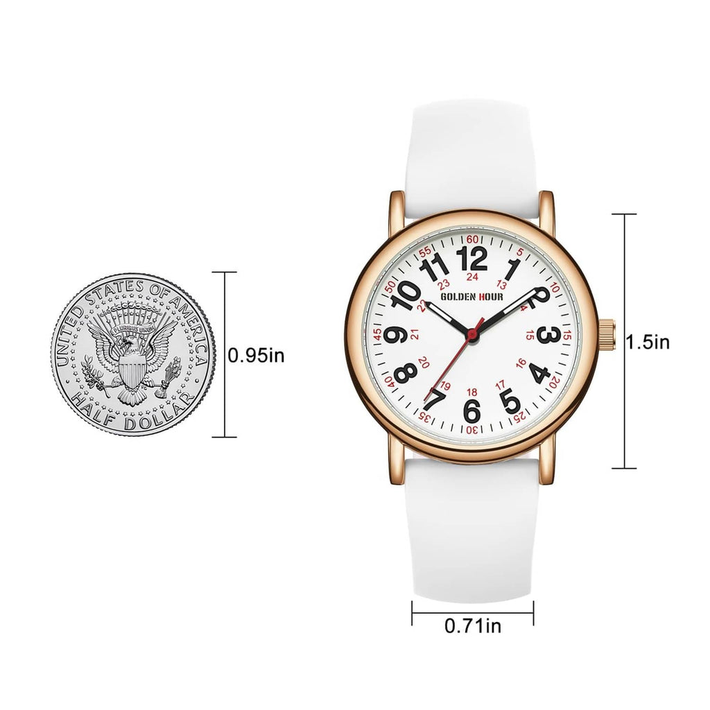 Rose gold nurse watch with white silicone band, round face, and red time markers