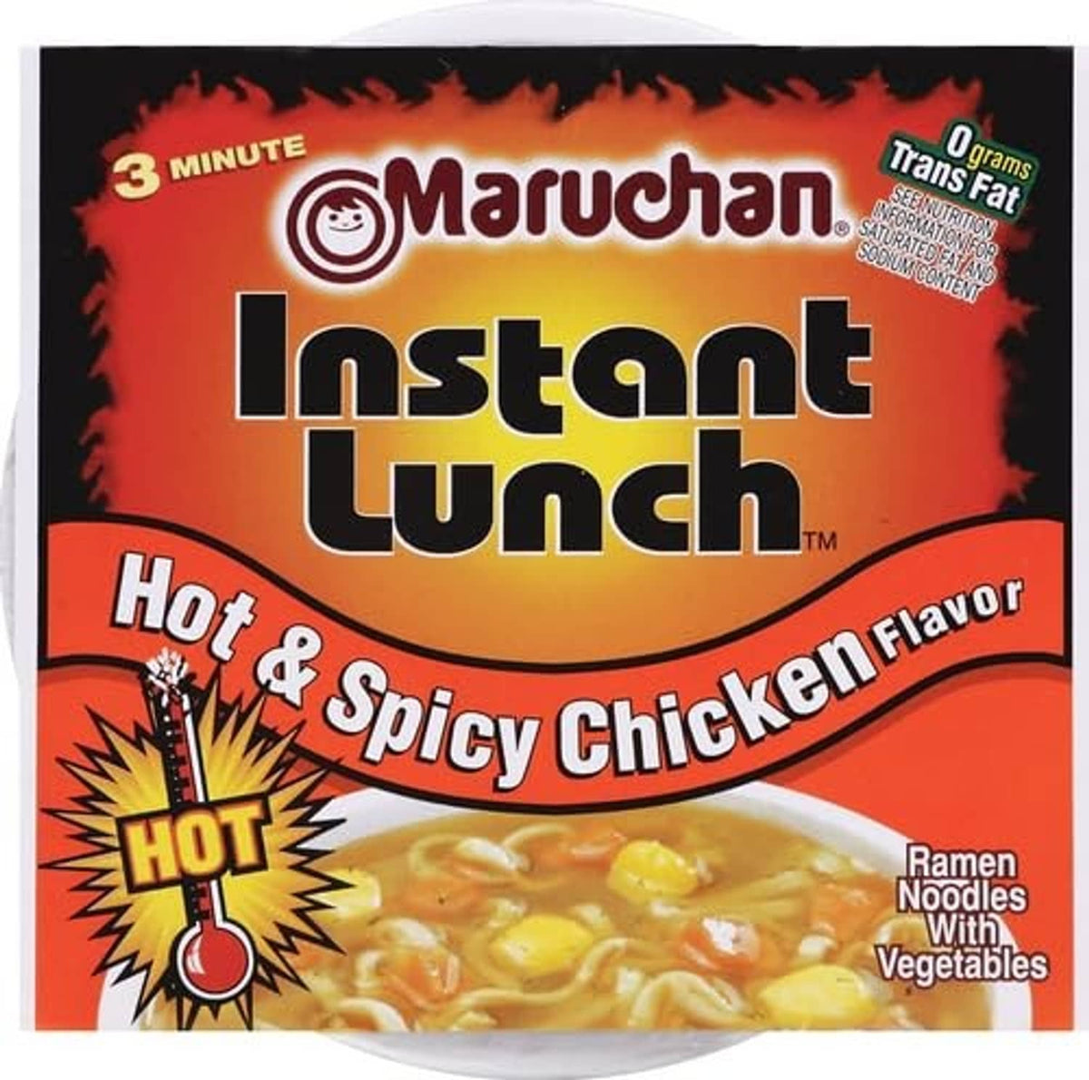 Instant Lunch hot & spicy chicken ramen noodles package front with 3 minute badge