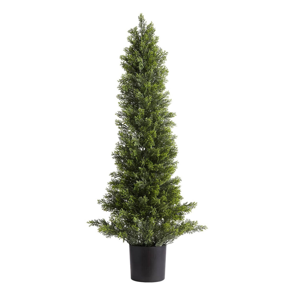 Single artificial cedar topiary tree with green needles in black plastic pot