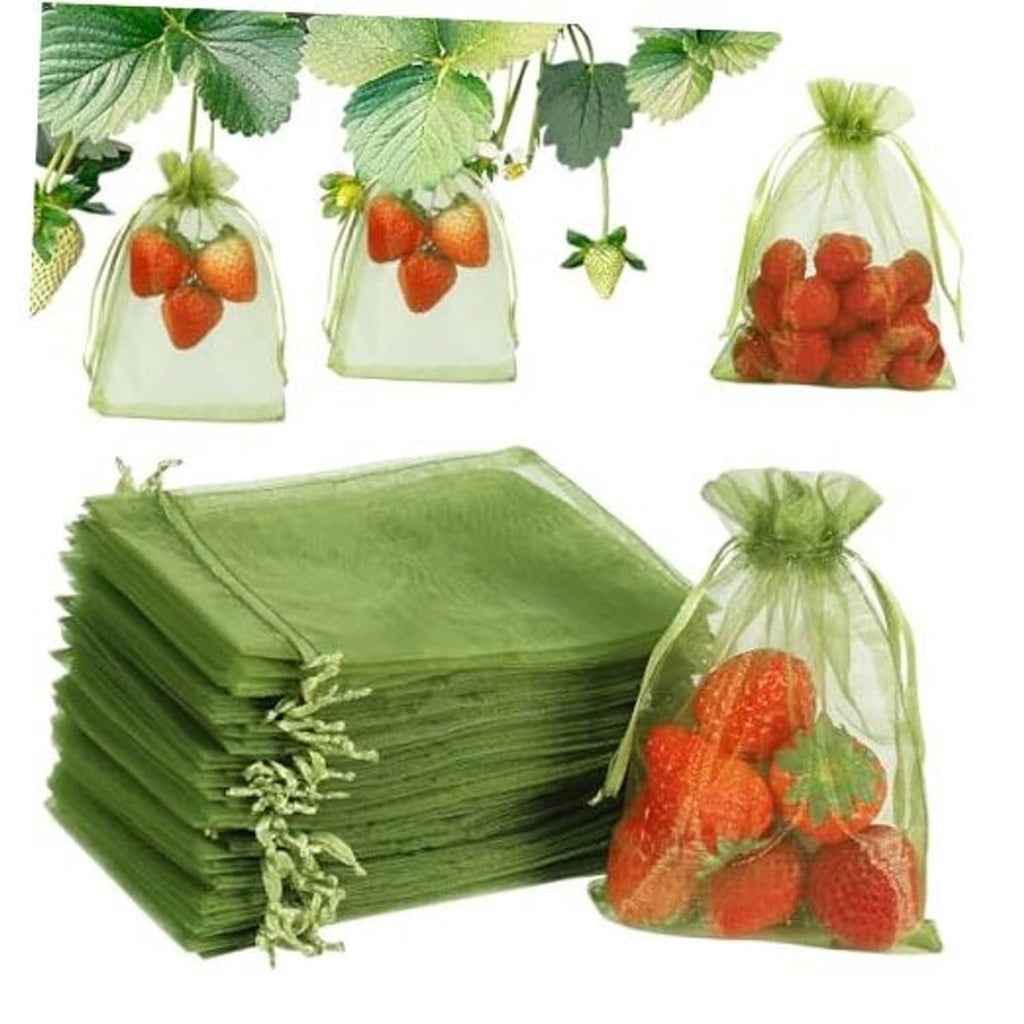 Green mesh drawstring fruit protection bags with strawberry contents