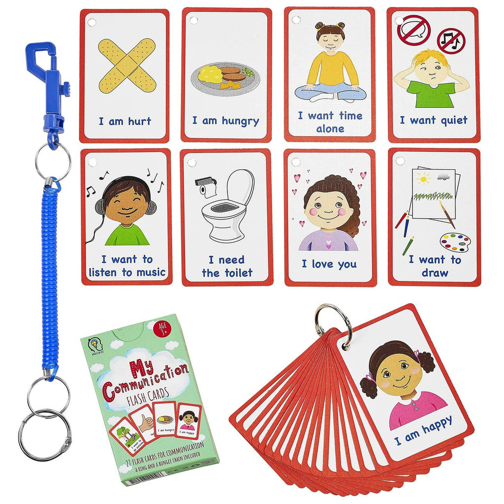 Communication cards set with red frames and blue keyring, assorted emotion pictures