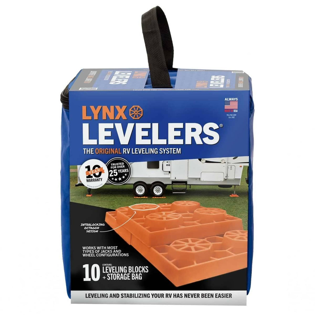 Orange LYNX Levelers RV leveling blocks in box with storage bag